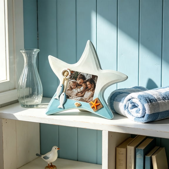 Byndra Sea Theme Wooden Photo Frame, Scallop Fish and Starfish 3 Inch Picture Holder, Mediterranean Desktop Ornament for Shelf and Table, Shelf Table and Home Display Accent