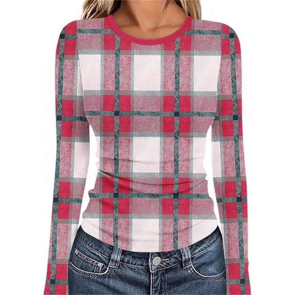 Tops for Women Long Sleeved Plaid Casual Round Neck Printing Fitting Pit Stripe Blouse Red XL