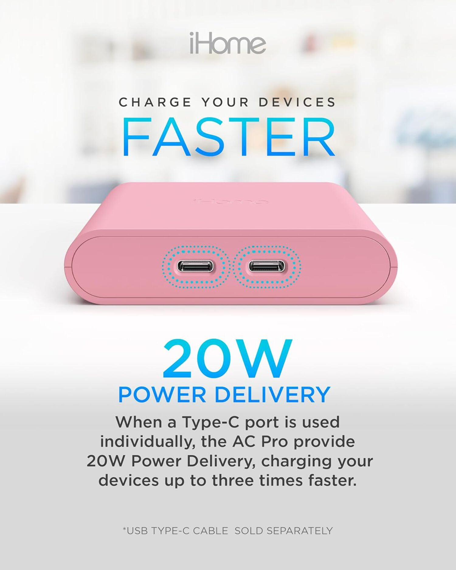 iHome 40W USB-C Multiport Wall Charger, 2-Port AC Adapter, Dual Fast Charging