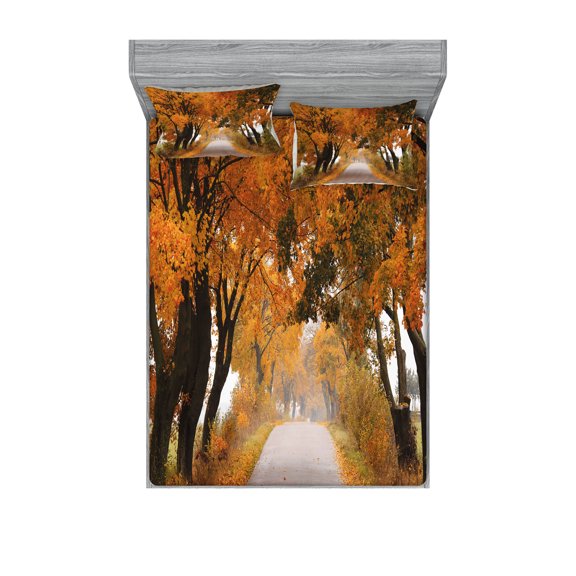 Ambesonne Fall Fitted Sheet & Pillow Sham Set, Serene Vivid Maple Trees, Full, Orange Brown Green