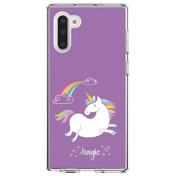 DistinctInk Clear Shockproof Hybrid Case for Samsung Galaxy Note 10 (6.3" Screen) - TPU Bumper, Acrylic Back, Tempered Glass Screen Protector - Unicorn - Rainbown - Magic - Purple