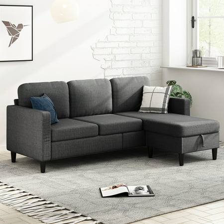 MUZZ Sectional Sofa with Movable Ottoman, Free Combination Sectional Couch, Small L Shaped Sectional Sofa with Storage Ottoman, Modern Linen Fabric Sofa Set for Living Room (Dark Grey)
