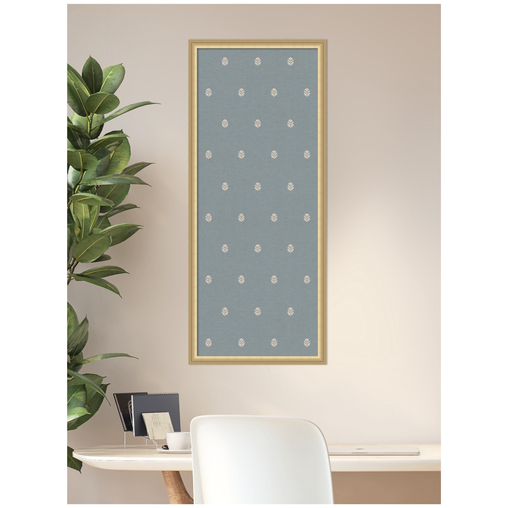 Kate and Laurel Framed Fabric Pinboard 18 x 42, Blue Botanical Block Print Printed Linen Classic Bulletin Board for Use as a Vision Board or Wall Organization, Florence Gold Frame