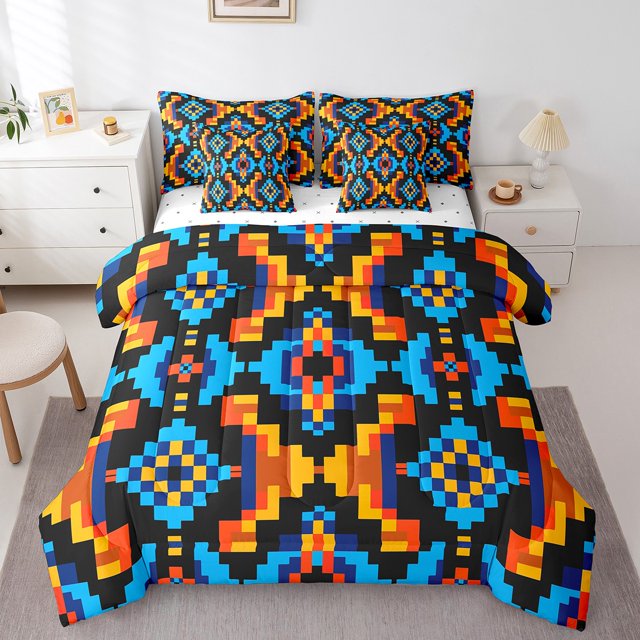 Geometric Aztec Bed in a Bag King Size Comforter Set 7 Pieces, Tribe Arrow Western Bedding Sets Exotic Style Teal Orange Geometry Sheet Set with Comforter