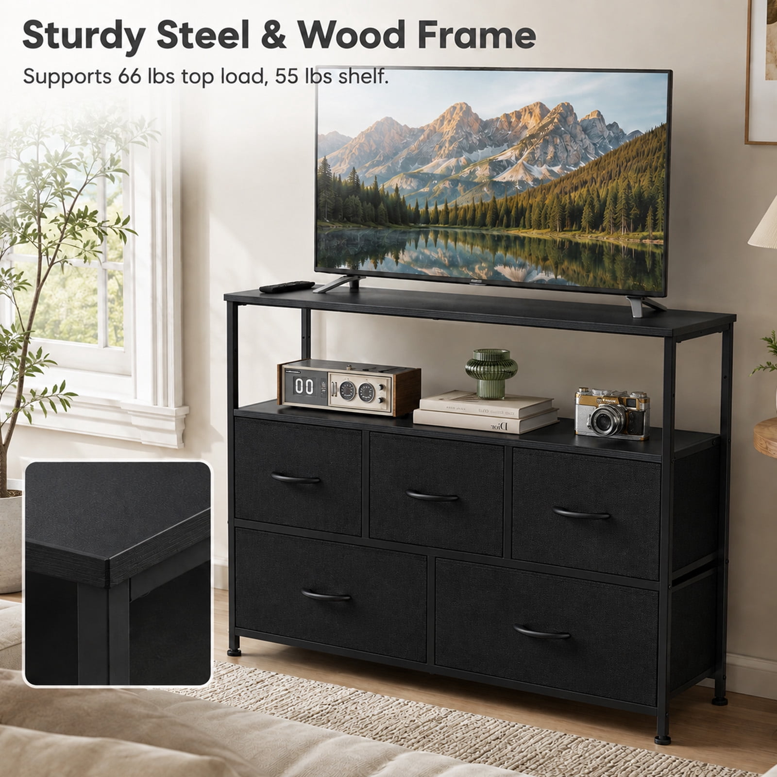 Alvantor Tall Fabric Dresser, TV Stand Media Console, 5 Drawer Storage Tower with Wooden Top for Bedroom, Entryway, Nursery
