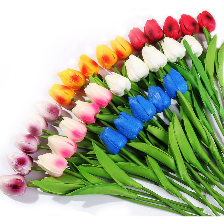 Yirtree Multicolor Tulips Artificial Flowers Faux Tulip Stems Real Feel PU  Tulips for Easter Spring Wreath Wedding Bouquet Centerpiece Floral