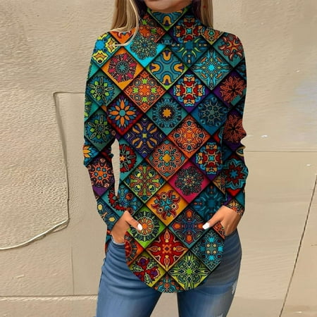 Womens T Shirts Vintage Print Turtleneck Long Sleeve Casual Top Comfortable Women Blouses Multicolour XXL