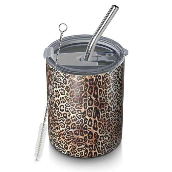 12oz Coffee Tumblers Brown and Black Leopard Print Stainless Steel Vacuum Insulated Travel Tumbler Coffee Cups Mug with Lid and Straw with Cleaning Brush for Cold & Hot Drinks