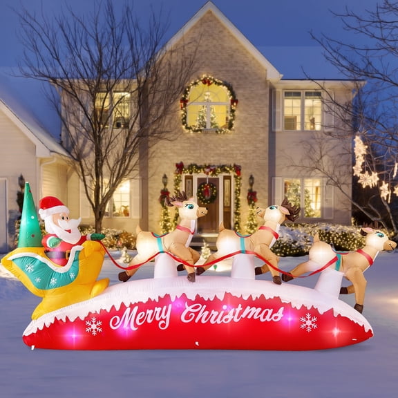 10FT Long Christmas Inflatables Santa Sleigh with Reindeer Outdoor Decorations, Blow Up Deer Sled Yard Decor with Colorful LEDs for Lawn Holiday Xmas