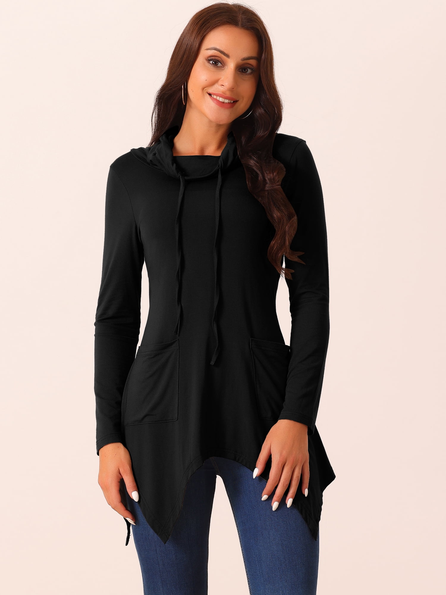 DARING DIVA Women's Cowl Neck Asymmetrical Hem Tunic Tops with Pockets Black S