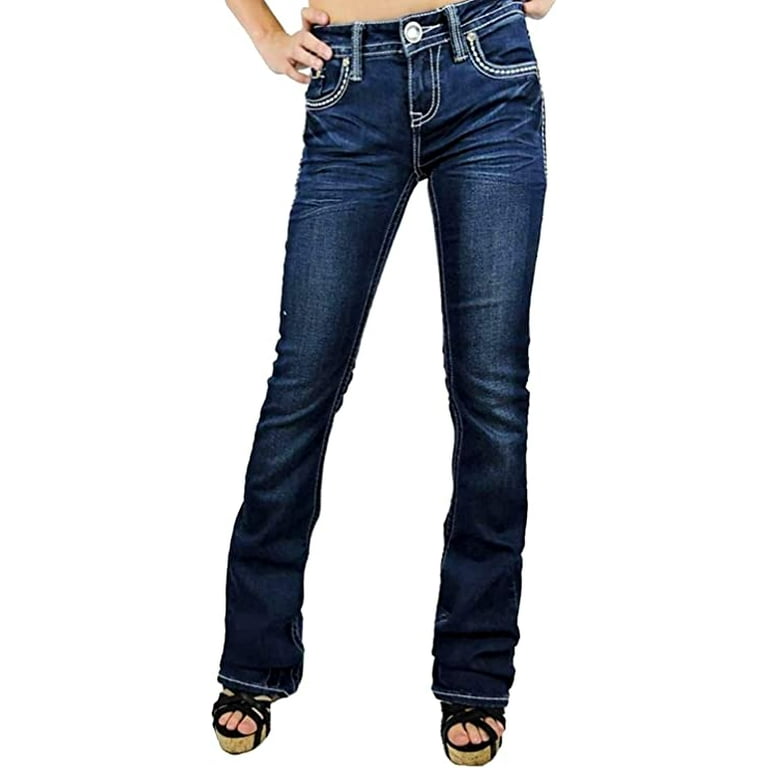 LA Idol Women's Rhinestone Mid Rise Bootcut Stretchy Denim Jeans