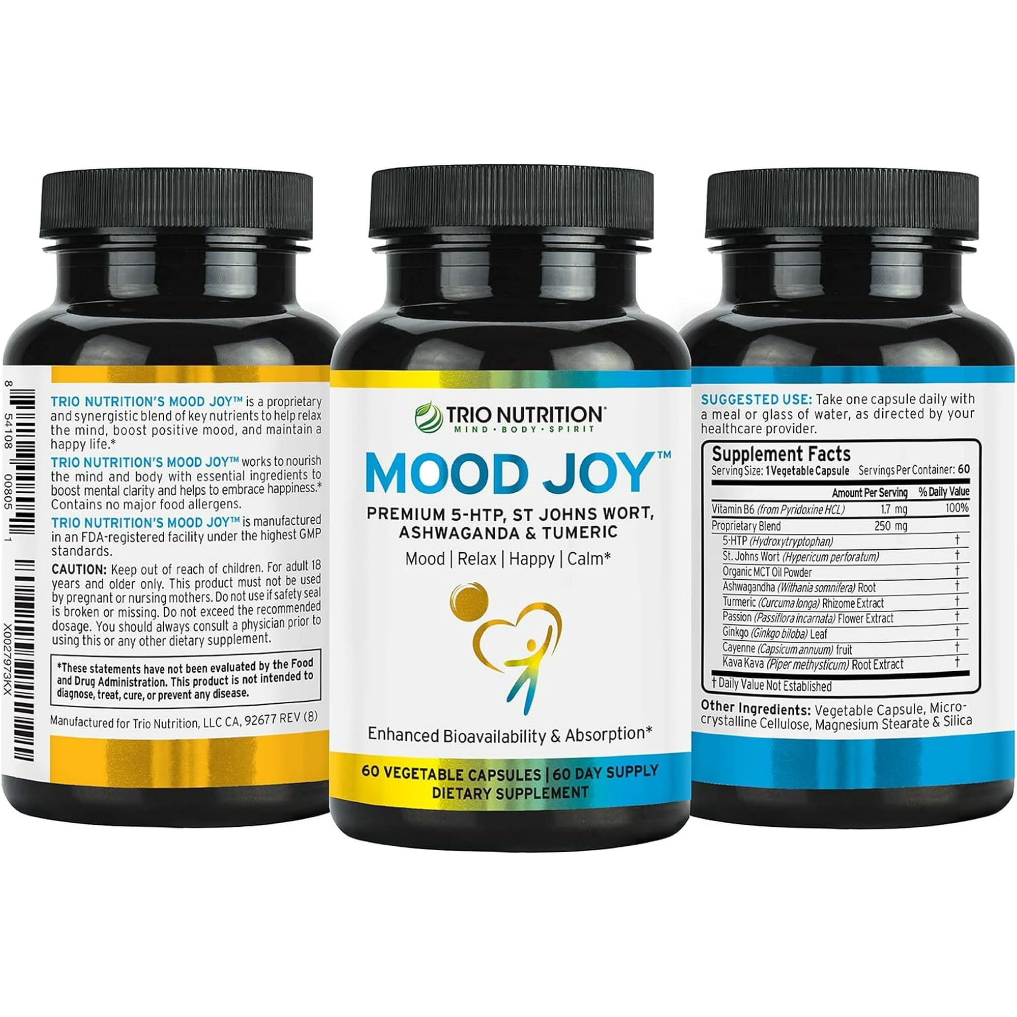 Trio Mood Joy | Premium 5-HTP, St Johns Wort, Ashwagandha & Turmeric | Ashwagandha Capsules to Promote Natural Calm & Relaxed Mood | Mood Support Supplement | 60 Day Supply*