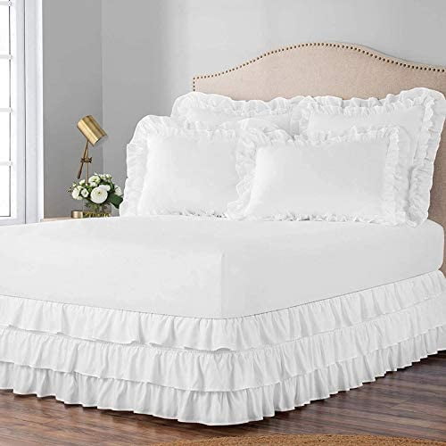 3 Layer Ruffled Bedskirt, Essy Care - 100% Microfiber Fabric, 3 Layer Ruffled Bed Skirt Cal King Size College 3 Layer Ruffled Bed Skirt 18" Drop - White Solid.