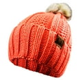 thumbnail image 3 of C.C Thick Cable Knit Faux Fuzzy Fur Pom Fleece Lined Skull Cap Cuff Beanie, Neon Orange, 3 of 4