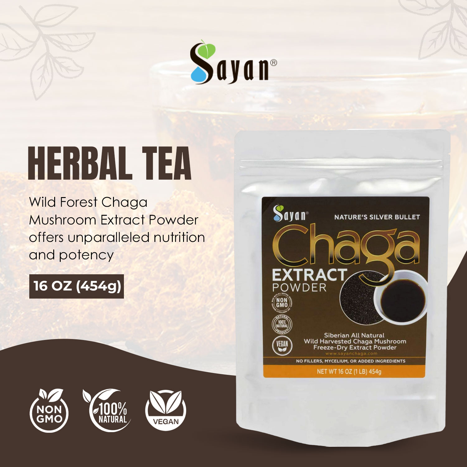 Sayan Herbal Tea, Chaga Mushroom Extract Powder, Siberian Wild Forest Detox Tea (Black, 1 lb)