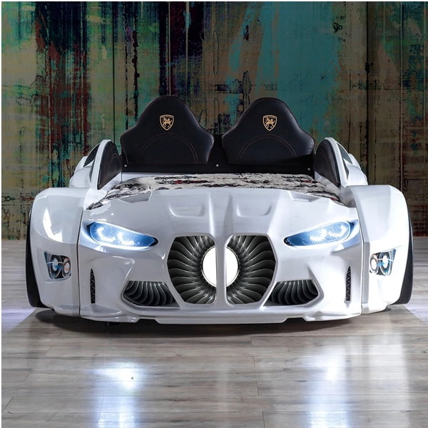 GTM Twin Race Car Bed for Kids with LED Headlights, Sound FX, Remote Control and Realistic Design, Sturdy and Fun Sleep Solution