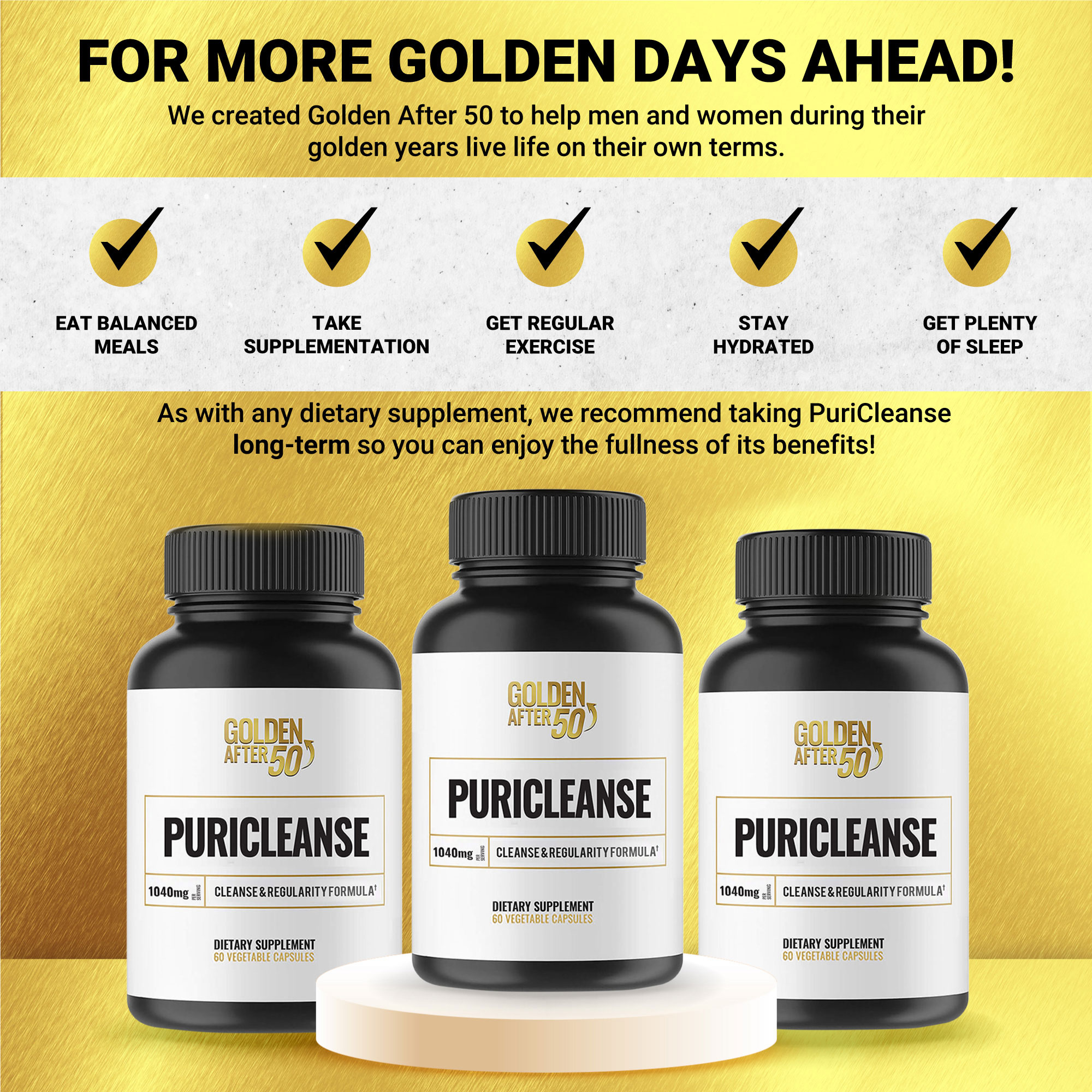 Golden After 50 PuriCleanse - Detox and Colon Cleanse Support - 60 Capsules, 1040mg - Gut Cleanse and Fiber Supplement with Senna Leaf Extract, Psyllium Husk Powder and Probiotics for Men and Women