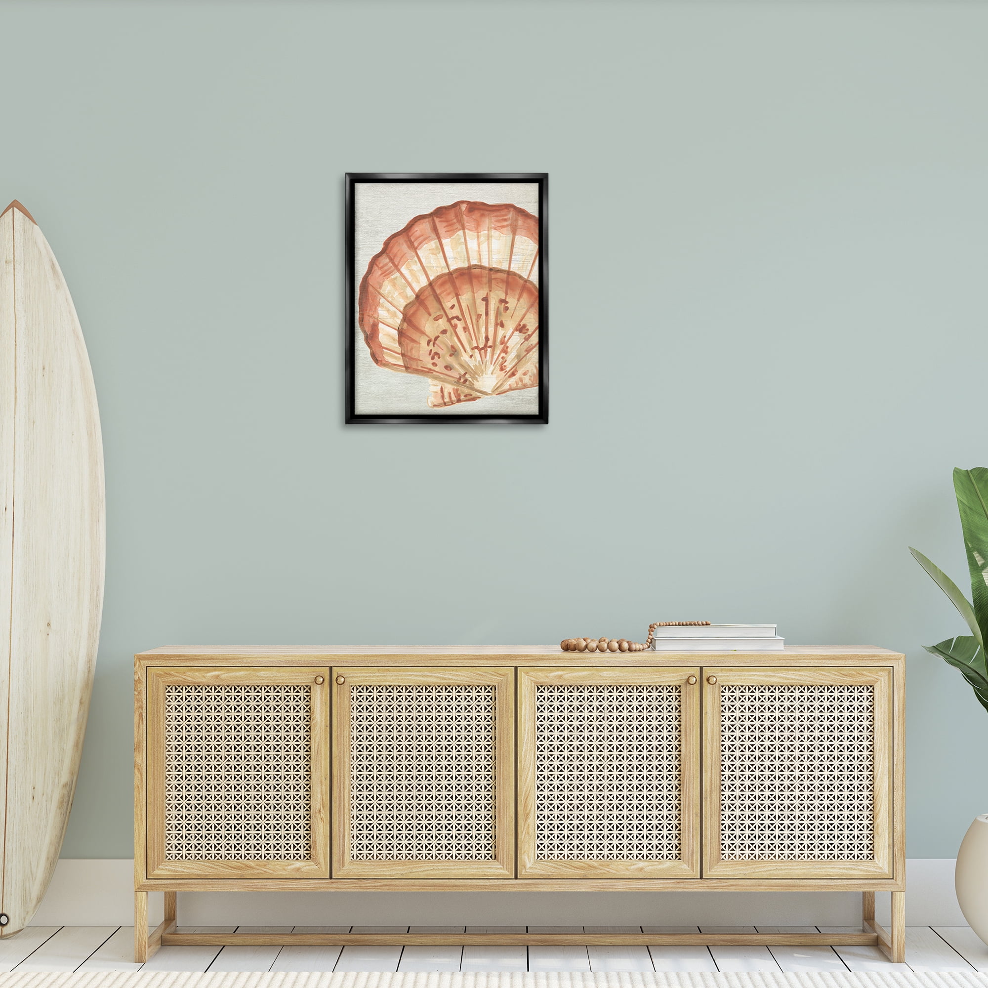 Stupell Industries Clam Shell in Beige Nautical & Beach Painting Black Floater Framed Canvas Art Print Wall Art, 25 x 31