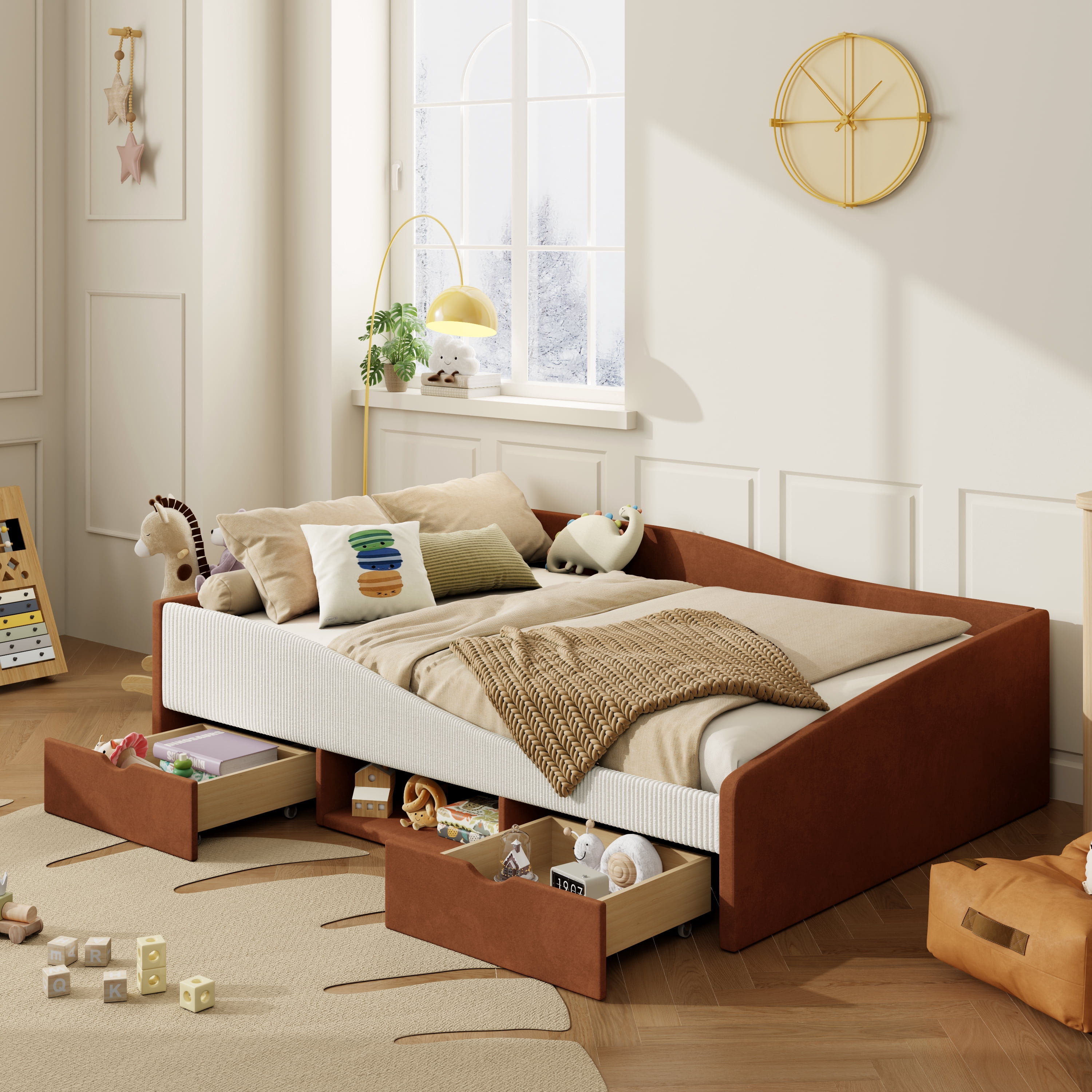 Mintazer Full Size Cool Upholstered Daybed Frame with 2 Storage Drawers & Open Shelf & Guardrail for Kids Boys Girls, Brown