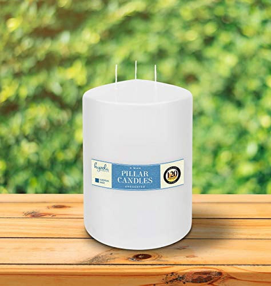 Hyoola 4.75" x 8" White Unscented European Made 3-Wick Pillar Candles, Dripless Paraffin Wax with Smokeless Cotton Wicks