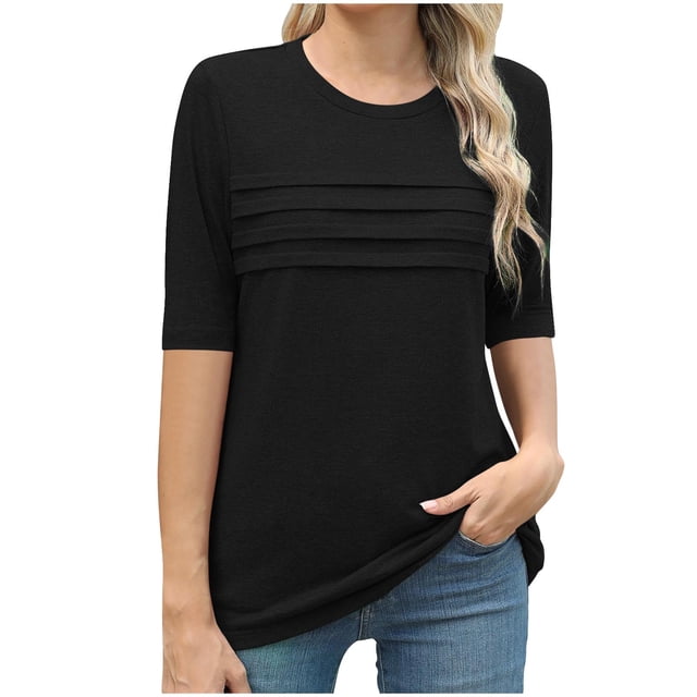 Atogsazn Hauts à Manches Courtes pour Femmes Chemises Boho Col Rond Plissé Tenue d'Été Blouses à Manches Bouffantes Tunique Décontractée 01-Noir G Mode