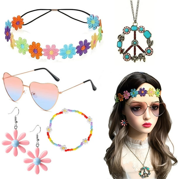 Accesorios para disfraz de hippie, collar con símbolo de la paz, pendientes con margaritas, diadema con flores de margaritas, gafas hippies