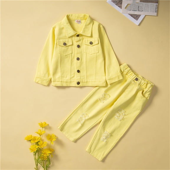 PInxai Boys Girls Clothes Collar Denim Button down Long Sleeve Coats Elastic Waisted Ripped Wide Leg Pants Streetwear Kids Clothing,Yellow,90