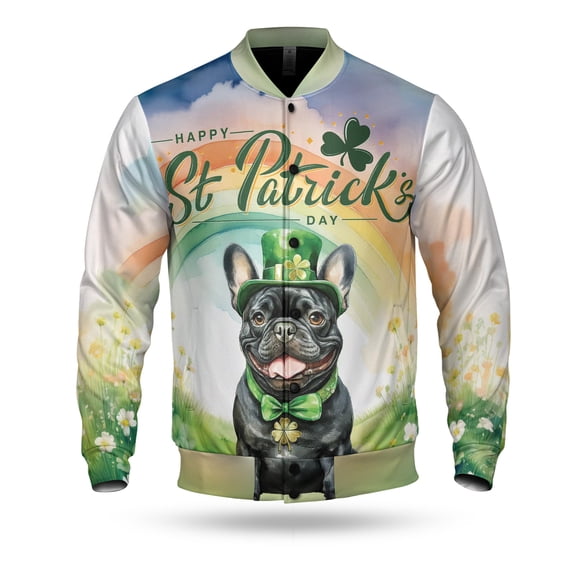 Happy St. Patrick’s Day French Bulldog with Green Hat Shamrocks Rainbow All Over Print 3D Baseball Jacket Dog Lover Gifts Bomber Jacket Softball - 03007