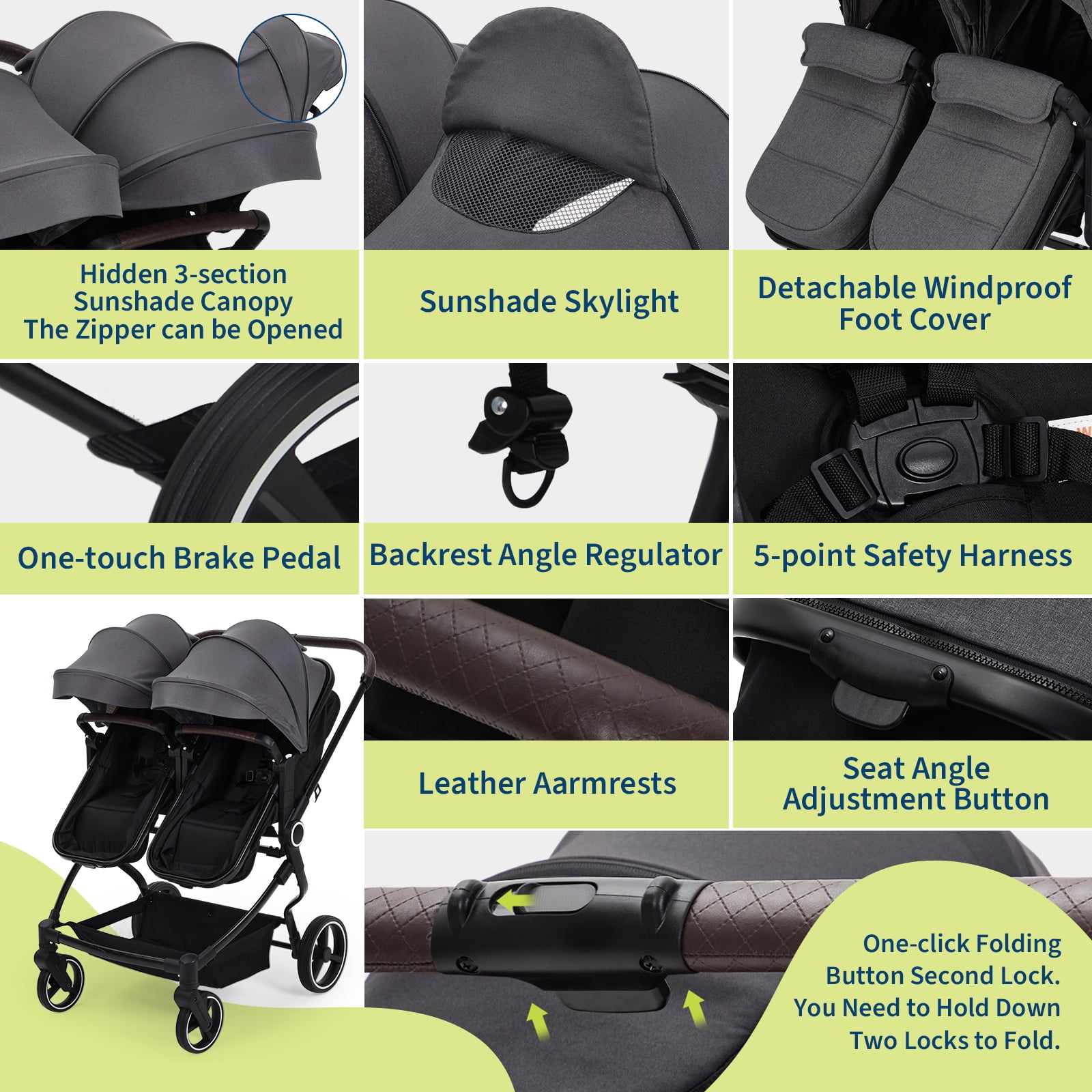 Roromall Side by Side Double Stroller for Twins, Adjustable Compact Folding Baby Travel Stroller with High Landscape Seat, Lightweight Canopy & Recline for Infant and Toddler