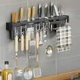 thumbnail image 2 of Yhmxh Kitchen Utensil Rack Wall Mounted Spice Rack with 8-Hooks, Stainless Steel Non-Hole Hanging Storage Wall Shelf for Spatula Spoon, 19.7in Space Saving Seasoning Jar Kitchen Organizer(Black）, 2 of 6