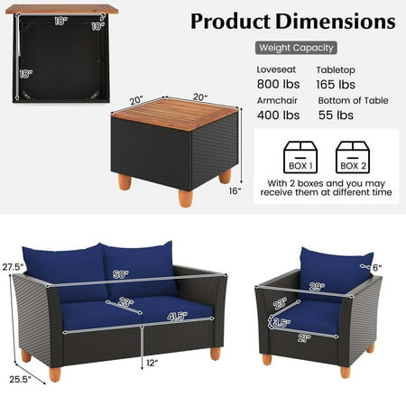 Costway 4 PCS Wicker Patio Furniture Set with Removable Cushions Storage Coffee Table - Navy,Black