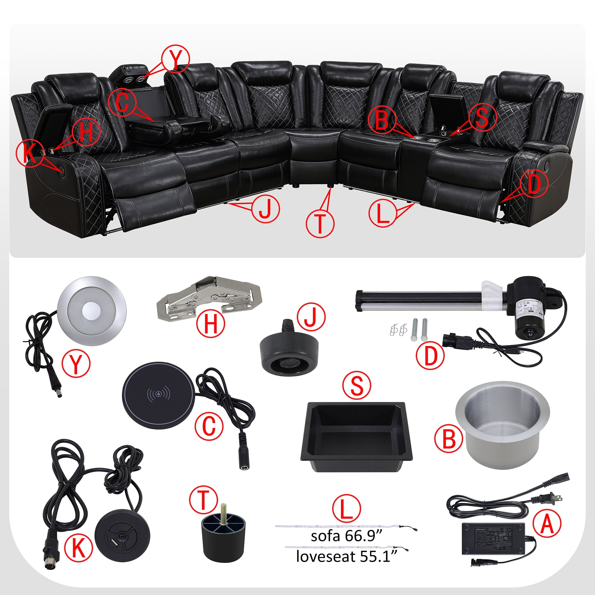 Gewnee Air Leather Power Recliner Sectional Sofa，L‑Shaped Recliner Couch with Cup Holders，Wireless Charging, LED Ambient Light, Console Storage，Home Theater Sofa for Living Room,Black