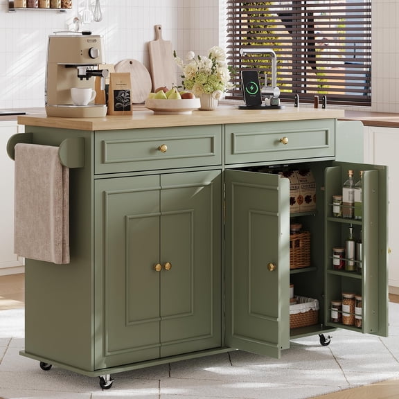 58 Green Kitchen Island Cart with Power Outlet, Rolling Storage Cabinet