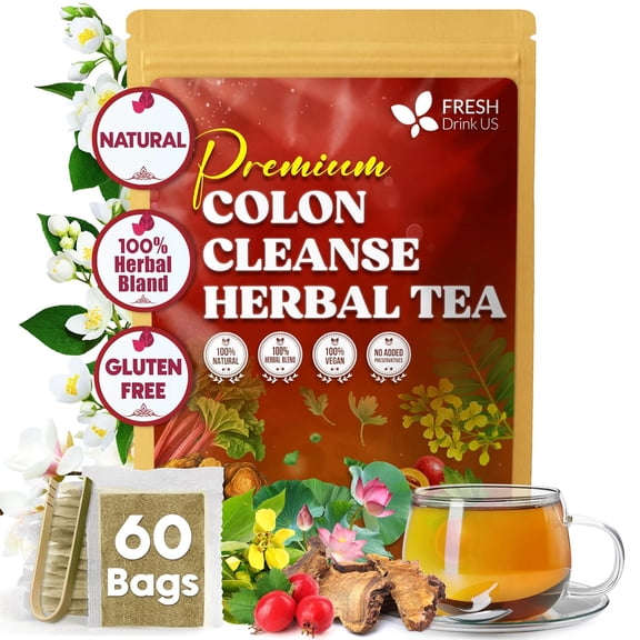 FreshDrinkUS, Premium Colon Cleanse Tea – 60 Tea Bags – Rhubarb Root & Hawthorn Berry with Senna, Lotus Leaf, Valerian Root & Psyllium Husk – Herbal Blend, Caffeine-Free, Vegan