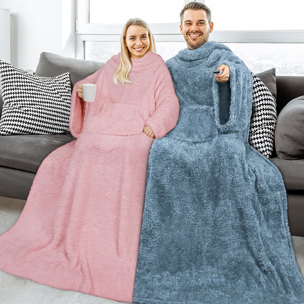 PAVILIA Fluffy Blanket with Sleeves Women Men Adults, Wearable Blanket Plush Soft Fuzzy, Hug Sleep Pod Snuggle Pocket Sleeved TV Throw, Sherpa Fleece Warm Cozy Shaggy Gifts Ideas Mom Wife, Light Pink