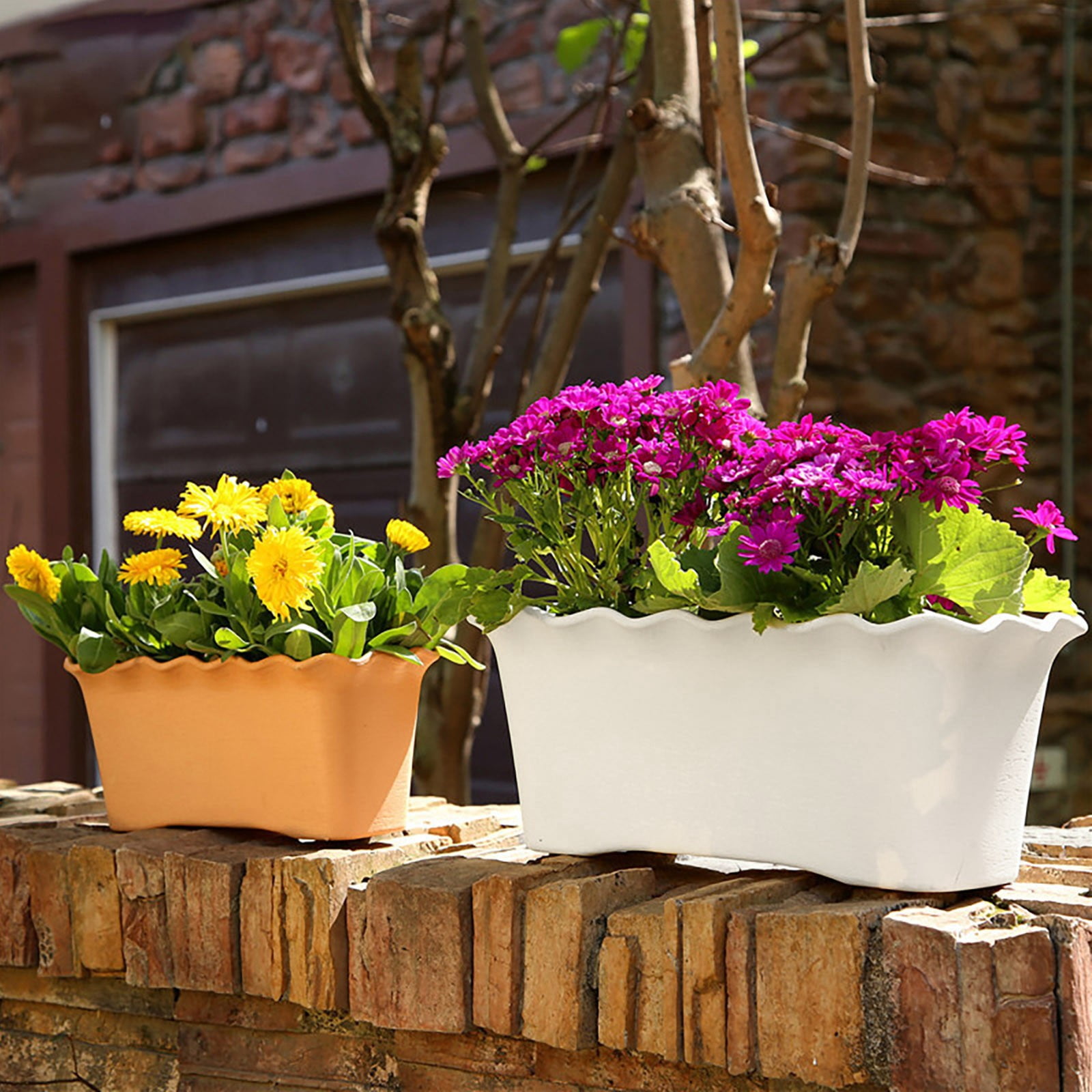 Rectangular Plastic Flower Pot With Wavy Ruffled Edge Rectangular Planter Succulent And Herb Planter Box For Indoor Outdoor Garden Portable Vegetable Planting Container 2PC White 11.8x5.4x5.2 In