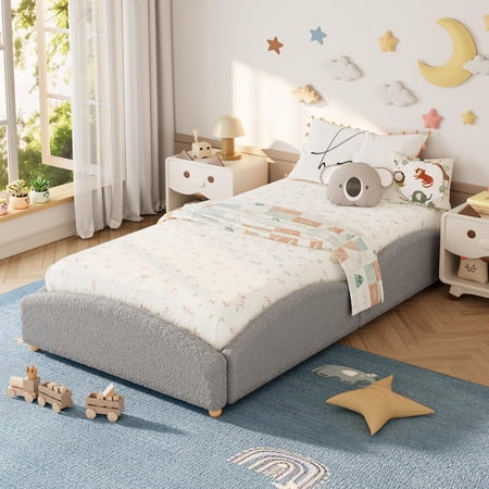 Twin-XL Size Upholstered Floor Bed, Teddy Fabric Soft Upholstered Bed Frame with Cloud Shaped Guardrails, Low Profile Platform Bed with Wooden Slats, Modern Nursery Bed, Grey