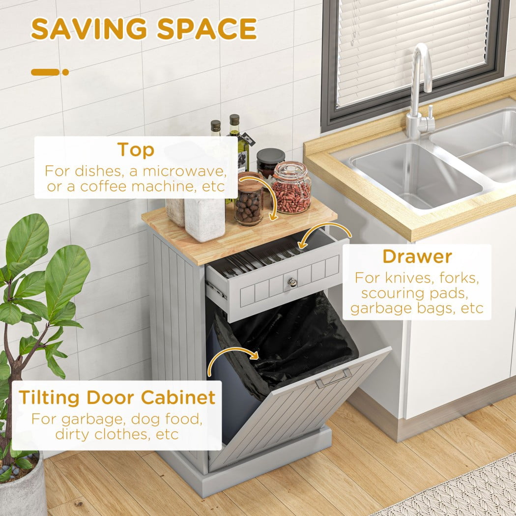 Kitchen Tilt Out Trash Cabinet, Freestanding Garbage Can Storage with Drawer, Recycling Cabinet with Anti-Tip Design, Gray