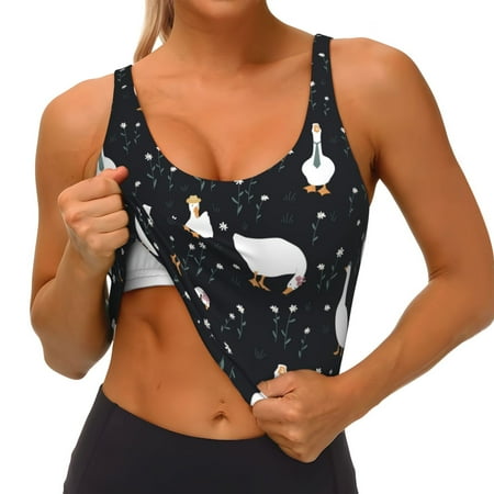 Qokaie Fashionable Goose Pattern Womens Scoop Neck Sports Bra Breathable Workout Vest Padded U Back Medium Impact Fitness Gym Yoga Bra Workout Crop Top