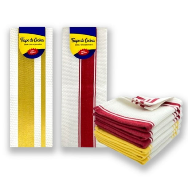 Trapos de Cocina 100% Algodón - Pack de 6 - Blanco con Amarillo y Blanco con Rojo - Multiusos para Secar, Decorar y Cubrir Alimentos - Lavables y Reutilizables