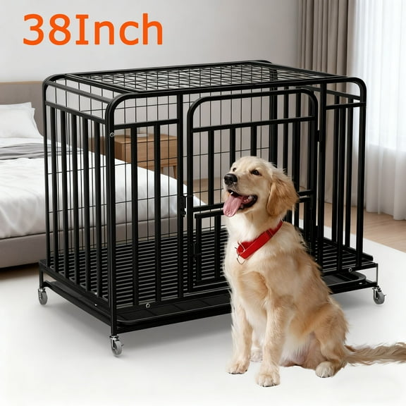 43.5 Inch Heavy Duty Dog Crate Kennel with Wheels, 200lbs Capacity, Escape Proof Dog Cage,Dog Crates with Removable Plastic Tray
