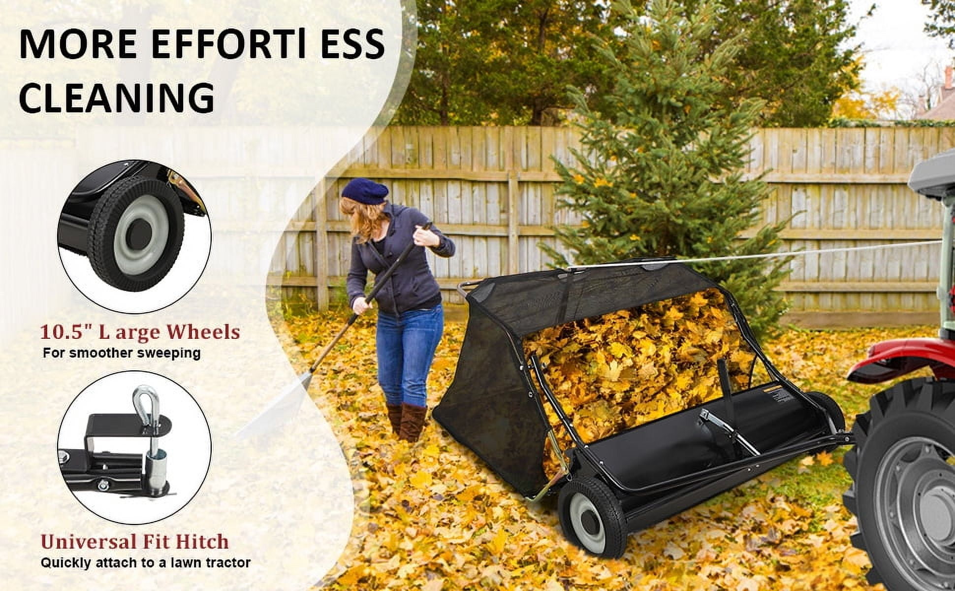 strundghti 48"Tow Behind Lawn Sweeper,Large Capacity Leaf&Grass Collector with Adjustable Sweeping Height,Dumping Rope Design for Picking up Debris&Grass