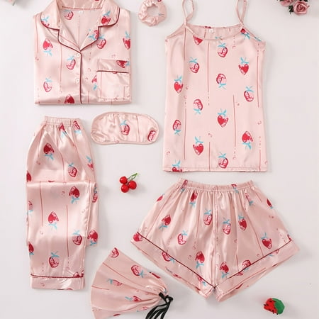 

Strawberry Pattern Satin Pajamas Long-sleeved Tops Trousers Vest Shorts Eye Mask Turban Bag Bag Set For Valentine‘s Gifts