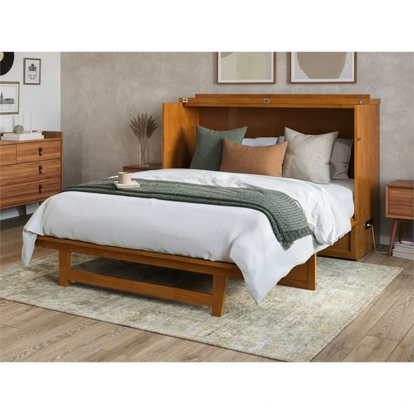 Northfield Queen Solid Wood Murphy Bed Chest with Mattress in Light Toffee