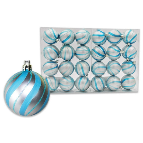 24 Pack of Aqua and Silver Ball Ornaments with Silver Glitter Enhancements