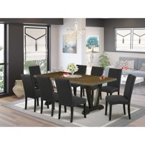 East West Furniture V677DR124-9 9-Piece Modern Dining Table Set- 8 Parson Chairs with Black Linen Fabric Seat and Stylish Chair Back - Rectangular Table Top & Wooden Legs - Distressed Jacobean and...