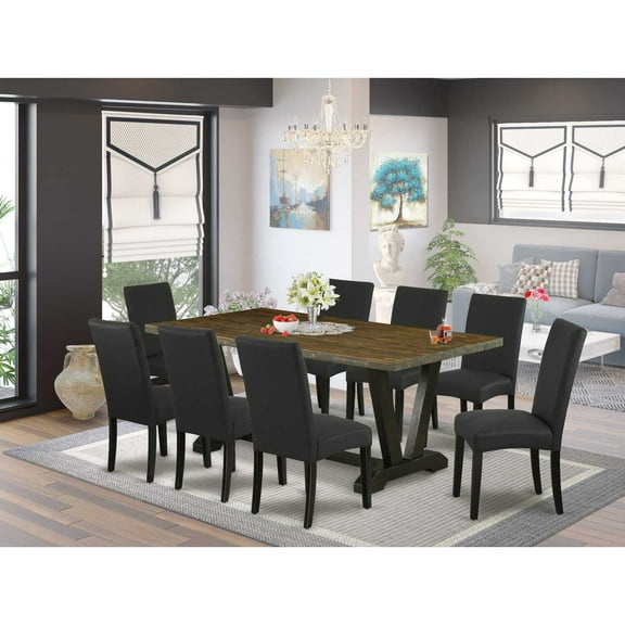 East West Furniture V677DR124-9 9-Piece Modern Dining Table Set- 8 Parson Chairs with Black Linen Fabric Seat and Stylish Chair Back - Rectangular Table Top & Wooden Legs - Distressed Jacobean and...