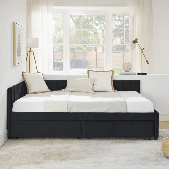 Noble House Full Size Tufted Daybed, Upholstered Velvet Sofa Bed Frame with Storage Drawers and Padded Armrests, Black