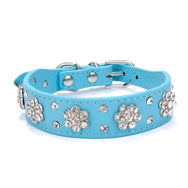 Collar de perro con diamantes de imitación, collar de perro con diamantes de imitación y flores bonitas, collar brillante, Collar de cuero de PU, tamaños ajustables grandes (M) 42*2,5 CM