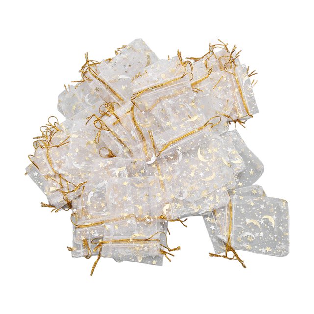 Bolsas de organza, 100 unidades, bolsas de organza con cordón y diseño de estrellas y lunas, bolsas de organza con diseño de estrellas y lunas, durabilidad probada en el tiempo